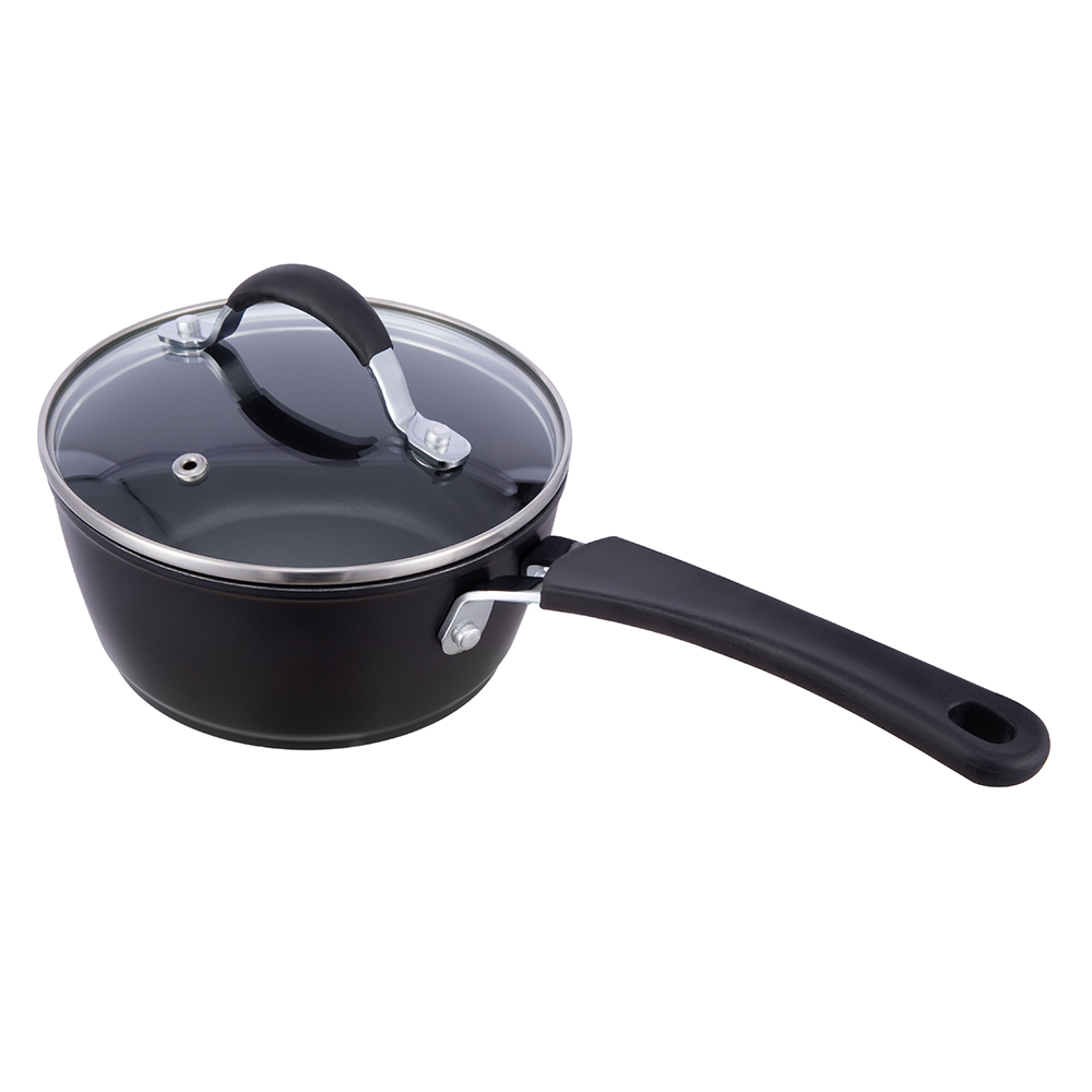 16*7.5cm black non-stick aluminum saucepan with glass lid JY-GWQ-1675
