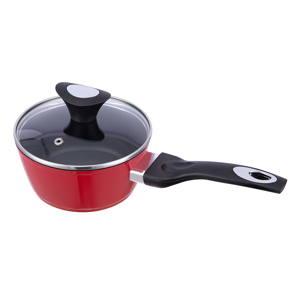 16*7.5cm black/red non-stick aluminum saucepan with glass lid JY-RF29-1-1675
