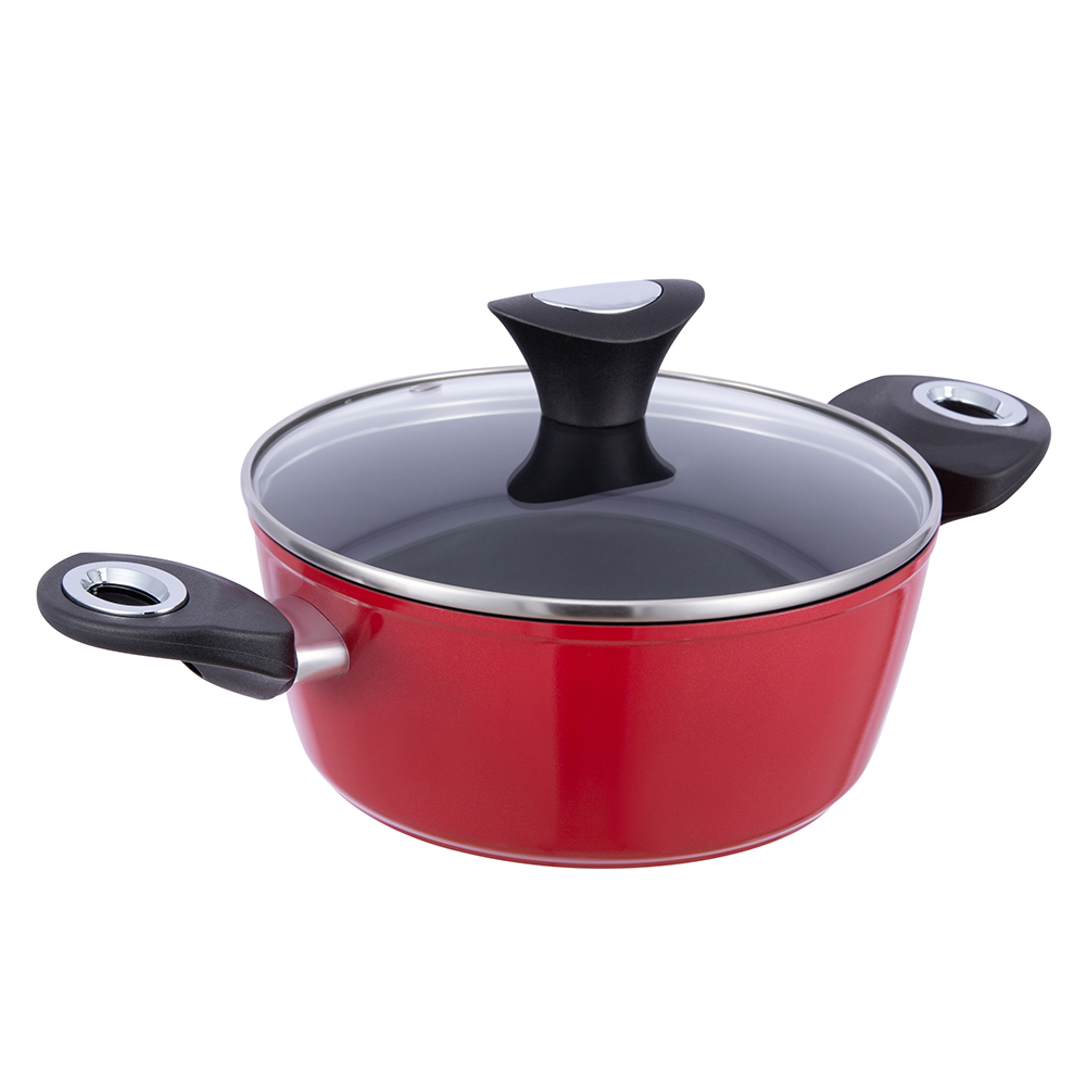 20*8.5cm black/red non-stick aluminum stockpot with glass lid JY-RF29-1-2085