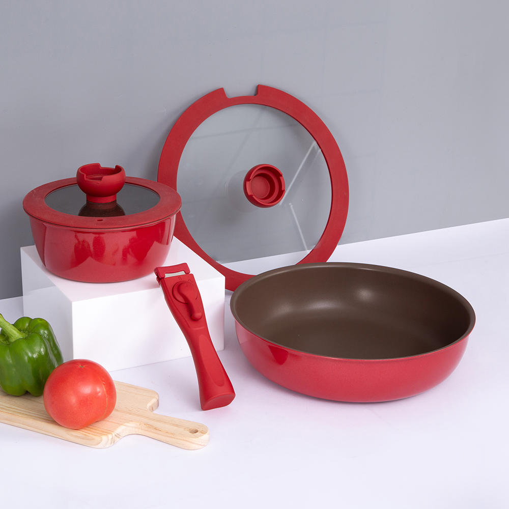 24X5CM Red/black Non-stick Aluminum Frypan with Detachable handle   (single pack: handle + pot + silicone glass lid) DB-2405